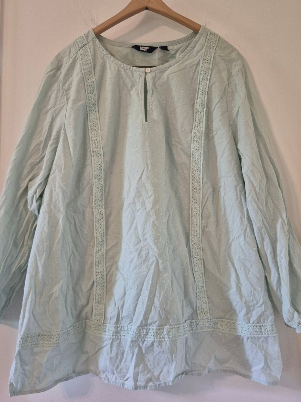 Lands' End Women's 3X Light Green Peasant Blouse Pointelle Lace Swiss Dot Lined